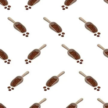 Seamless pattern with wooden scoops and coffee beans on white background. Illustrazione stock