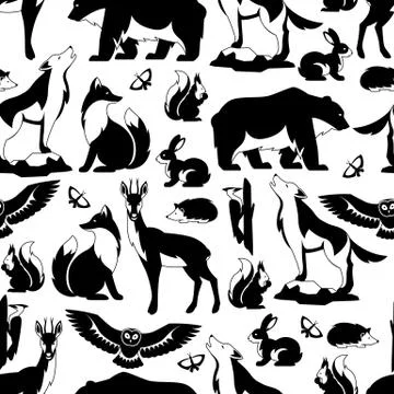 Seamless pattern with woodland forest animals and birds. Stylized illustration 스톡 일러스트