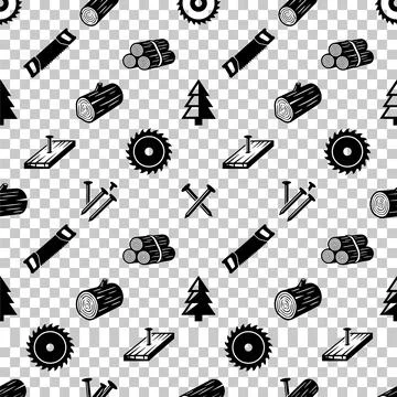 Seamless pattern of woodworking tools and materials including saws, logs, l.. Stock Illustration