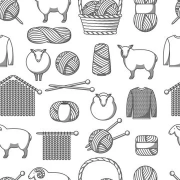Seamless pattern with wool items. Goods for hand made, knitting or tailor shop Stock Illustration