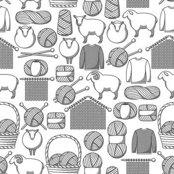 Seamless pattern with wool items. Goods for hand made, knitting or tailor shop Stock Illustration