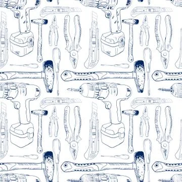 Seamless pattern, working tools in sketch style Stock Illustration