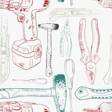 Seamless pattern, working tools in sketch style Illustrazione stock