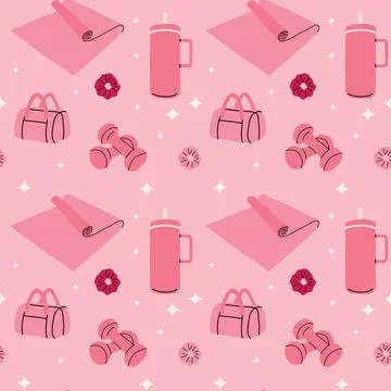 Seamless pattern of workout essentials in pink Illustrazione stock