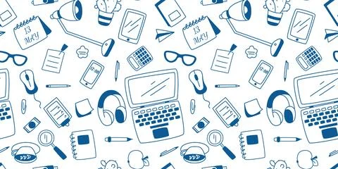 Seamless pattern workspace of office worker, student, or freelancer in blue i Stock Illustration