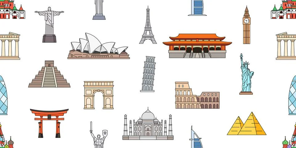 Seamless pattern with World Monuments Stock Illustration