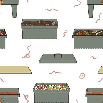 Seamless pattern with worms and vermicompost box. Worms for vermicomposting.  Stock Illustration