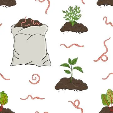Seamless pattern with worms, compost pile and sack. Carrot and beet sprout in Stock Illustration