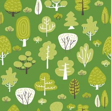 Seamless pattern woth tree plants on green background. Flat vector hand drawn Stock Illustration