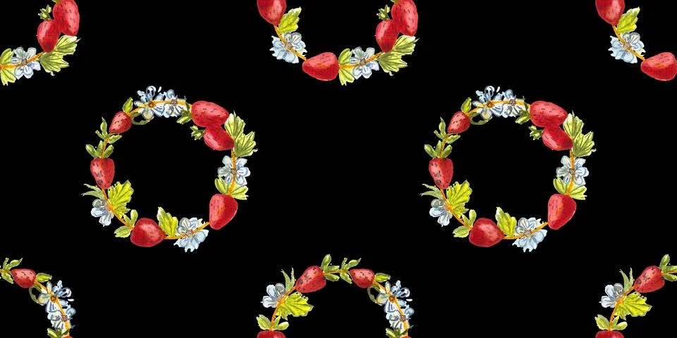 Seamless pattern of wreaths with strawberries and flowers, hand drawn Illustrazione stock