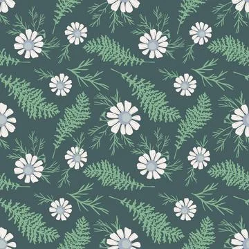 Seamless pattern ws chamomile flowers and fern Stock Illustration