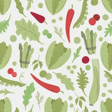 Seamless pattern ws leaves kimchi asparagus pepper Stock Illustration