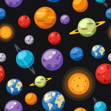 Seamless pattern wth solar system planets on black background. Sun and planetary Stock Illustration