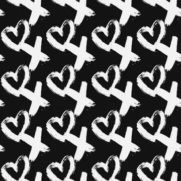Seamless pattern XOXO with hearts on black background. Hugs and kisses abbrev Illustrazione stock