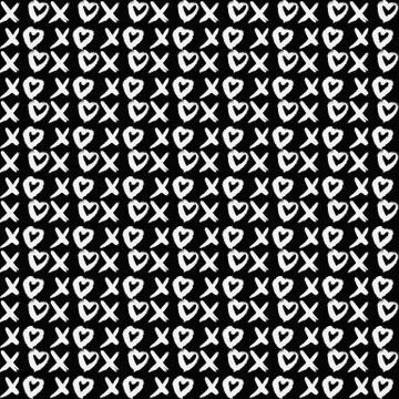Seamless pattern XOXO with hearts on black background. Hugs and kisses abbrev Illustrazione stock