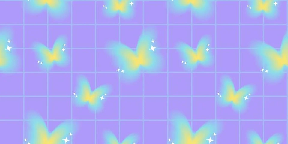 Seamless pattern with y2k gradient butterflies on a purple checkered background. Stock Illustration