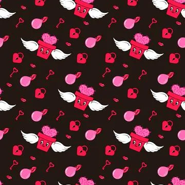 Seamless pattern with y2k style elements. Bright youth pattern with Groovy .. 스톡 일러스트