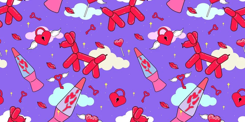 Seamless pattern with y2k style elements. Bright youth pattern with Cute symb 스톡 일러스트