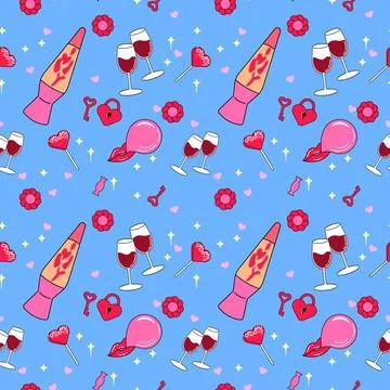 Seamless pattern with y2k style elements. Bright youth pattern with Cute symb Stock Illustration