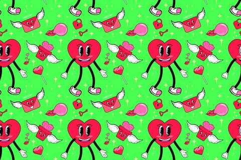 Seamless pattern with y2k style elements. Bright youth pattern with Groovy sy Stock Illustration
