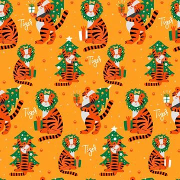 Seamless pattern for year of the tiger 2022. Pattern in hand draw flat style Illustrazione stock