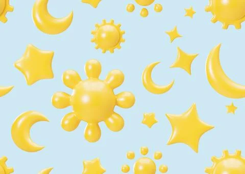 Seamless pattern with yellow 3D stars, moons, suns on light blue background Stockillustratie