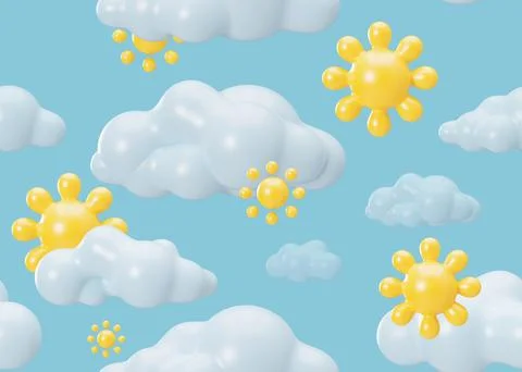 Seamless pattern with yellow 3D suns and clouds on blue background. Applicable Illustrazione stock