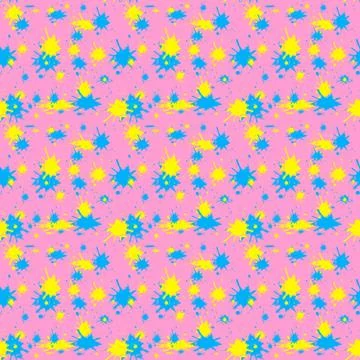 Seamless pattern of yellow and blue paint splashes on a pink background. Stock Illustration