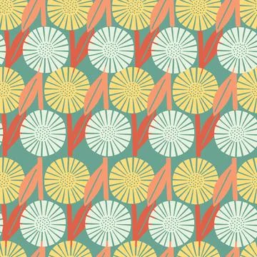 Seamless pattern with yellow and blue doodle flowers shapes. Turquoise backgr Stock Illustration