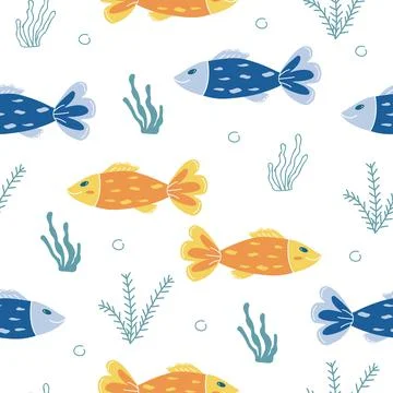 Seamless pattern with yellow and blue fish, coral Stock Illustration