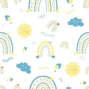 Seamless pattern with yellow and blue rainbow and hearts, cloud and sun on white Illustrazione stock