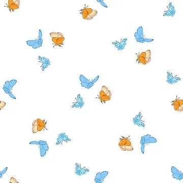 Seamless pattern. Yellow and blue butterflies on a white background. Vector 스톡 일러스트
