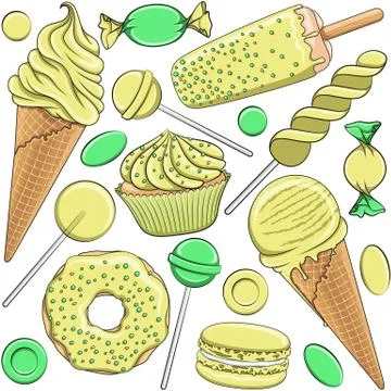 Seamless pattern with yellow and green sweets. Isolated vector objects. Stock Illustration
