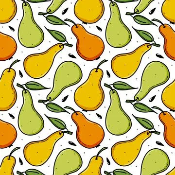 Seamless pattern with yellow and green pear. Fruit background. Vector print for 스톡 일러스트