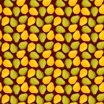 Seamless pattern with yellow and green pears on brown background. Stock Illustration