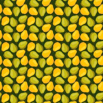 Seamless pattern with yellow and green pears on green background. Stock Illustration