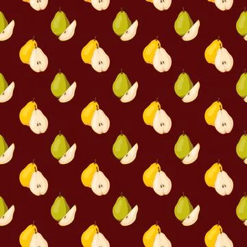 Seamless pattern with yellow and green pears on brown background. Stock Illustration