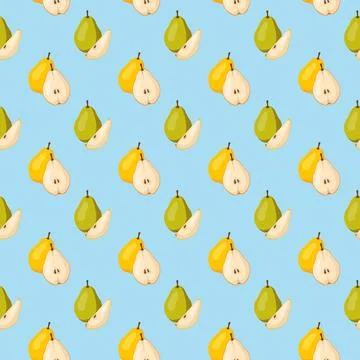 Seamless pattern with yellow and green pears on blue background. Stock Illustration