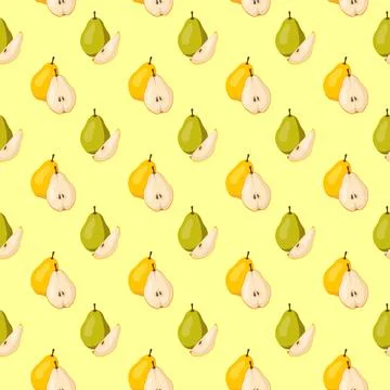 Seamless pattern with yellow and green pears on yellow background. Stock Illustration