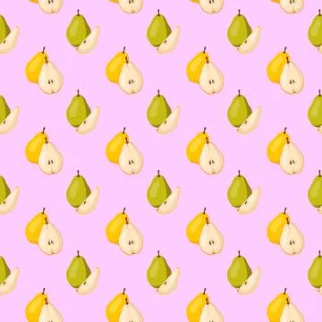 Seamless pattern with yellow and green pears on pink background. Stock Illustration