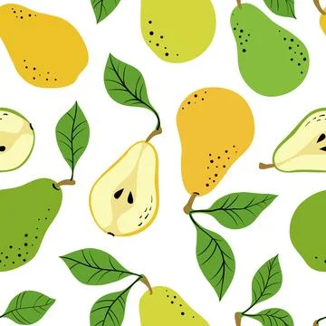Seamless pattern with yellow and green pears and pear slices. Stock Illustration