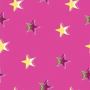 Seamless pattern with yellow and purple stars on pink background Stock Illustration