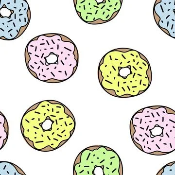 Seamless pattern with yellow and purple donuts, hand draw illustration with Stock Illustration