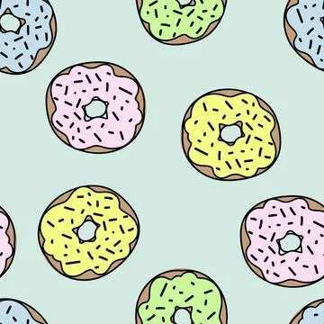 Seamless pattern with yellow and purple donuts, hand draw illustration with blue 스톡 일러스트