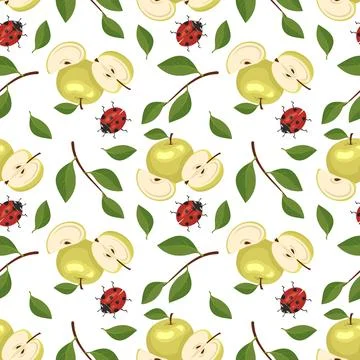 Seamless pattern with yellow apples and red ladybug Illustrazione stock