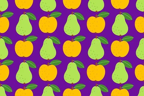 Seamless pattern with yellow apples and green pears on purple background Stock Illustration