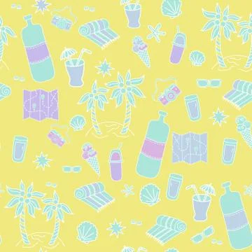 Seamless pattern Yellow background with sea and travel. Cocktail and ice cream Stock Illustration