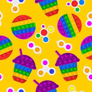 Seamless pattern on a yellow background with, toys. Pop it, Simple Dimple. Stock-Illustration