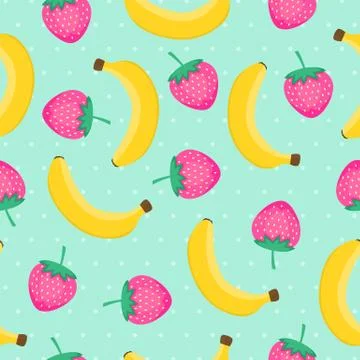 Seamless pattern with yellow bananas and pink strawberries. Cute vector backg Stock Illustration