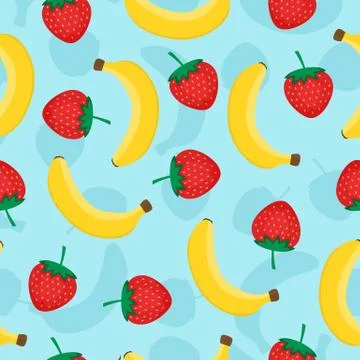 Seamless pattern with yellow bananas and red strawberries. Cute vector backgr Stock Illustration